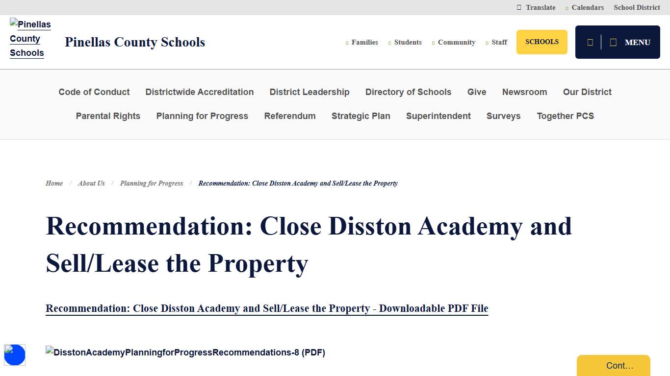 Recommendation: Close Disston Academy and Sell/Lease the Property - Pinellas County Schools