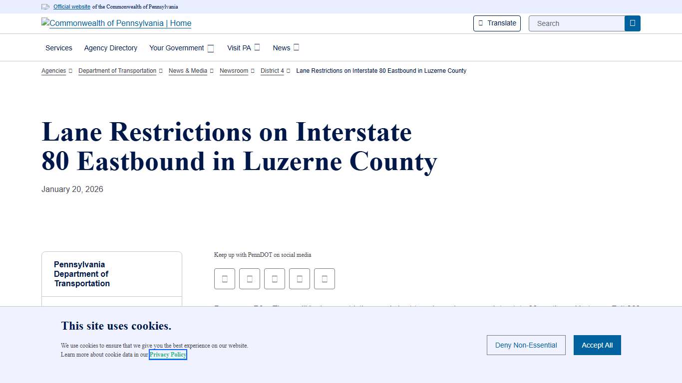 Lane Restrictions on Interstate 80 Eastbound in Luzerne County | Department of Transportation | Commonwealth of Pennsylvania