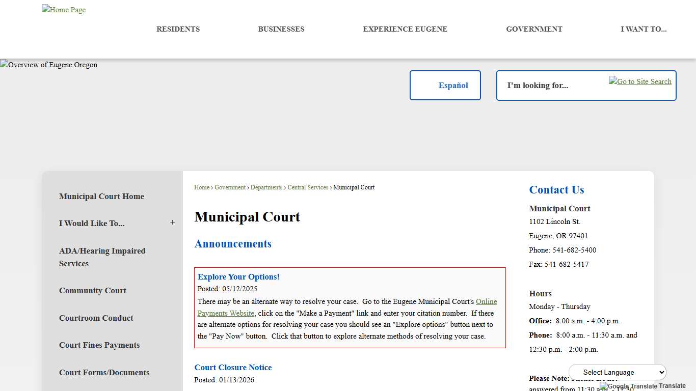 Municipal Court | Eugene, OR Website